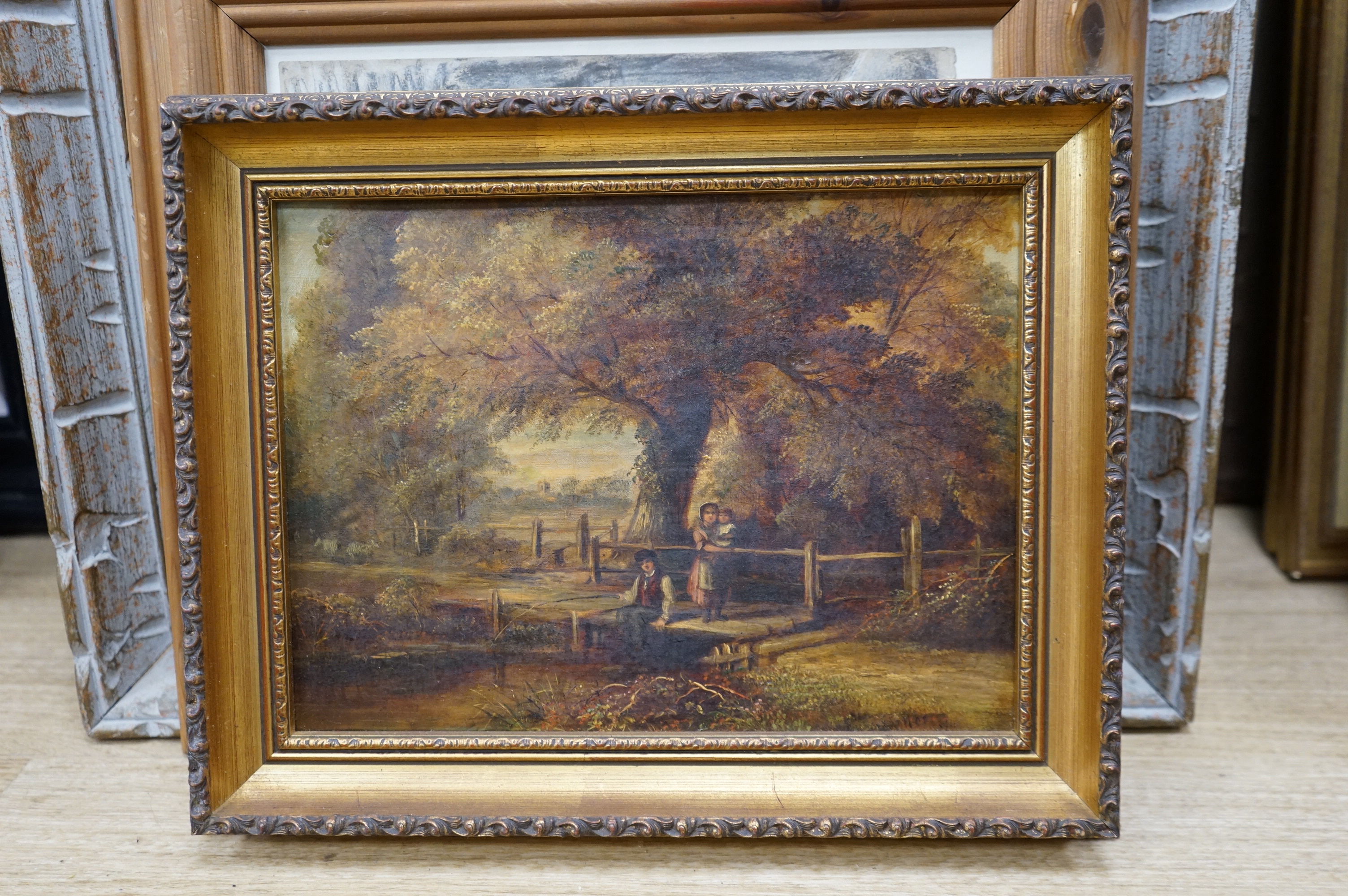 Pair of late 19th century, oils on canvas, Figures before a cottage and angler on a bridge, unsigned, 24 x 29cm, one with a repair to the canvas